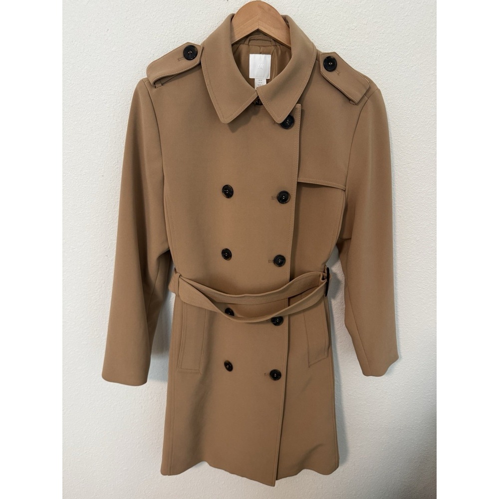 H&M Women's Tan Brown Double Breasted Belted Trench Coat Size M Classy Executive
